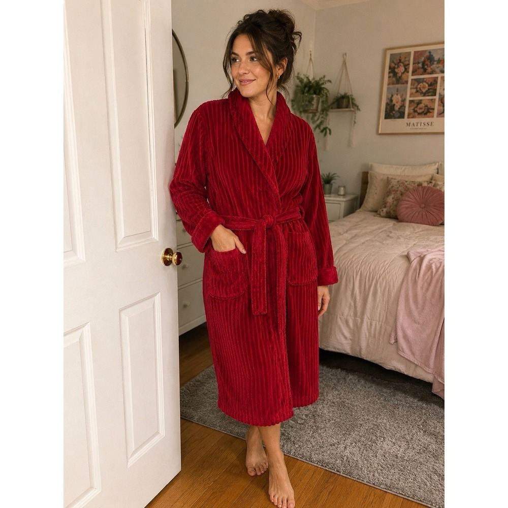 Laura Ashley RED Vintage OS Deep Pile Robe-Lounge-Belted Pockets Cozy Softgirl